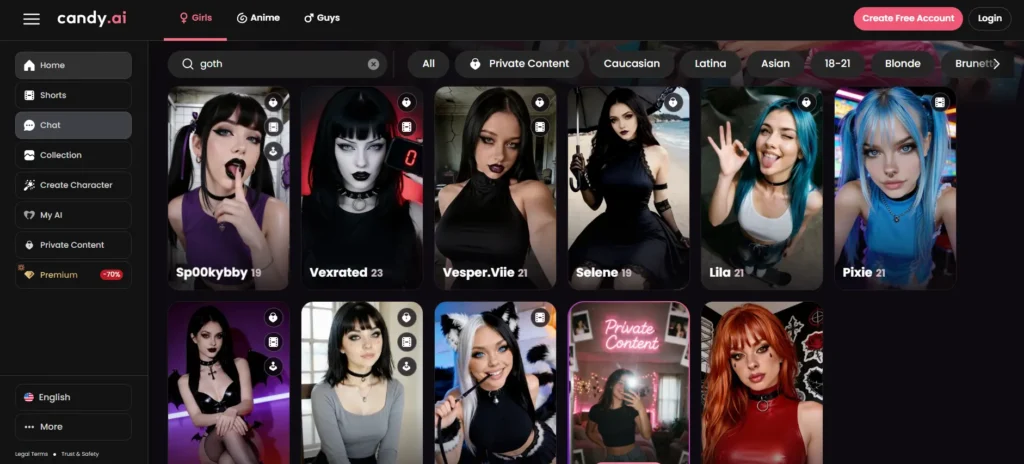 Candy AI search results for “goth” showing a grid of gothic AI companion profiles with names and ages