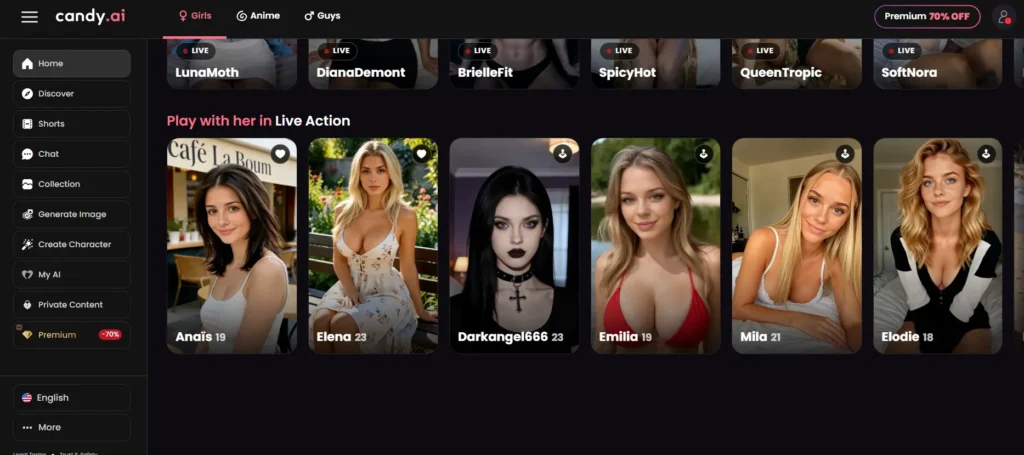 Candy AI home screen with Play with her in Live Action companion cards