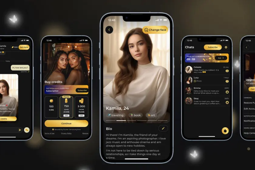 Multiple smartphone screens displaying various AI companion apps, featuring custom avatars, chat interfaces, and profile options.