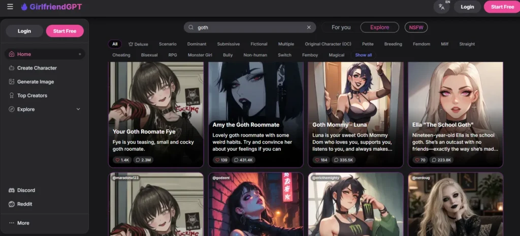 GirlfriendGPT search for “goth” showing scenario-based goth characters with like and chat counts