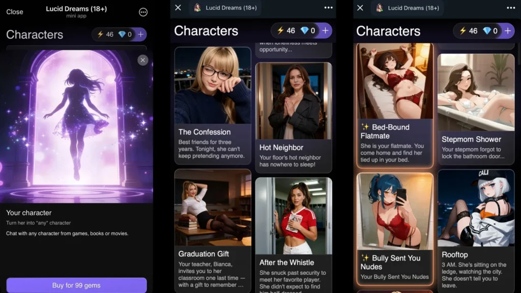 Screenshots of the Lucid Dreams Telegram bot interface displaying pre-made AI character cards, roleplay scenarios, and custom character creation options