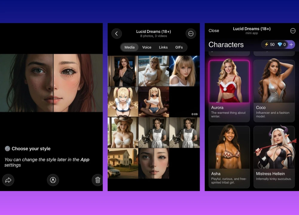 Lucid Dreams style picker showing a realistic and anime face side by side, with a note that style can change later