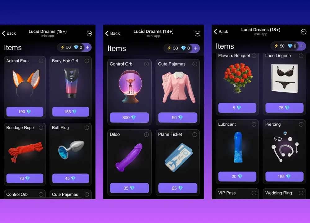 Side-by-side screenshots of the Lucid Dreams AI companion app shop menu showing items available for purchase with gems, including Animal Ears for 190, Control Orb for 300, Flowers Bouquet for 5, and Lace Lingerie for 75 gems.
