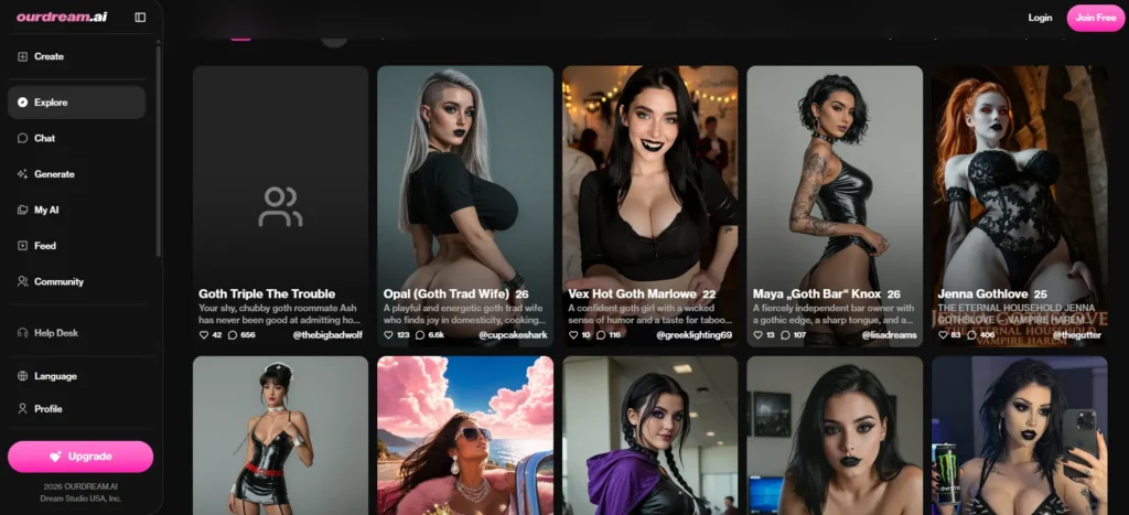 Ourdream AI Explore page with community-made goth characters, bios, likes and comments