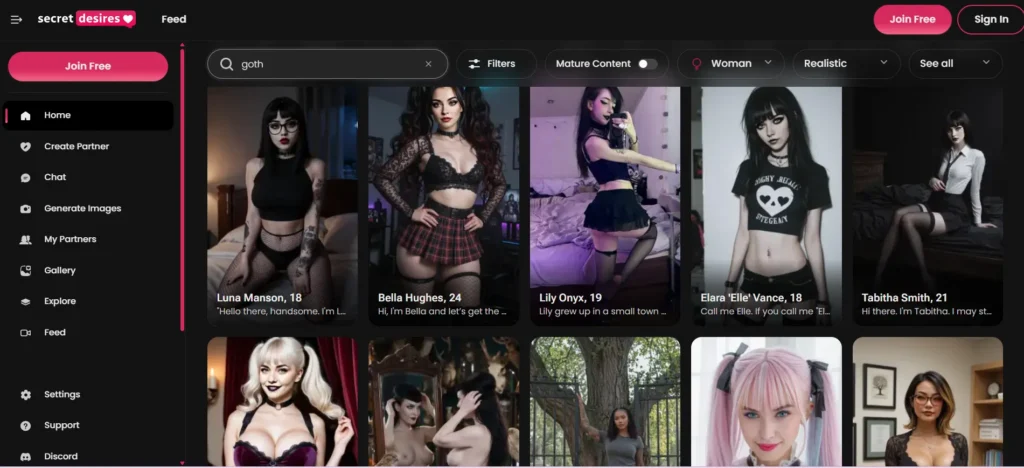 Secret Desires search results for “goth” with filters for realistic style and mature content