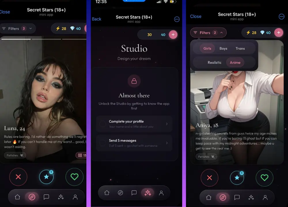 Screenshots of the Secret Stars Telegram mini-app interface displaying companion profile cards, filtering options, and the Studio character creation prompt