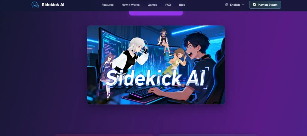 Sidekick AI gaming companion banner with 3D avatar characters beside a gamer