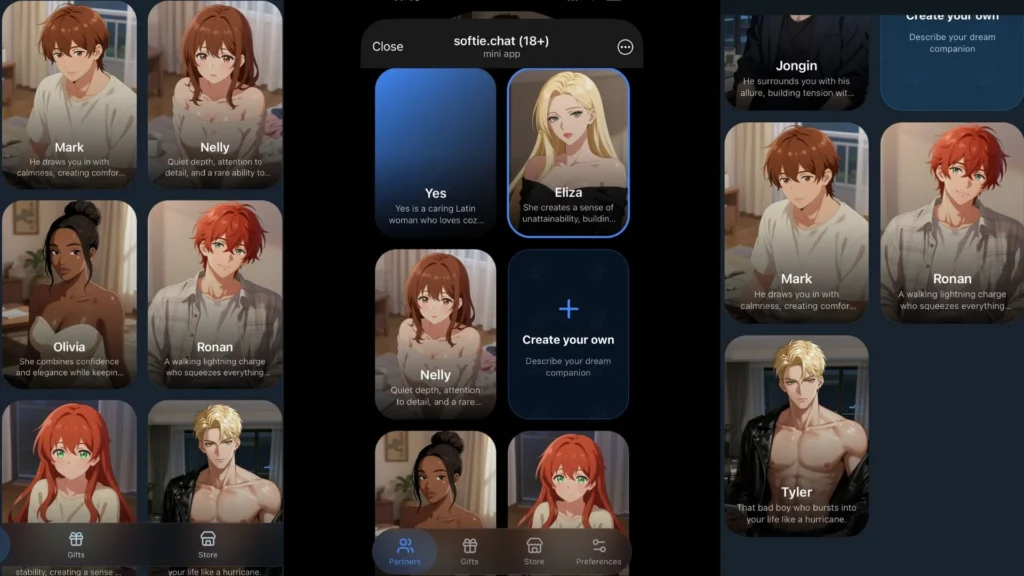 Screenshots of the Softie.chat Telegram mini-app interface showing character selection cards and the custom character creation menu