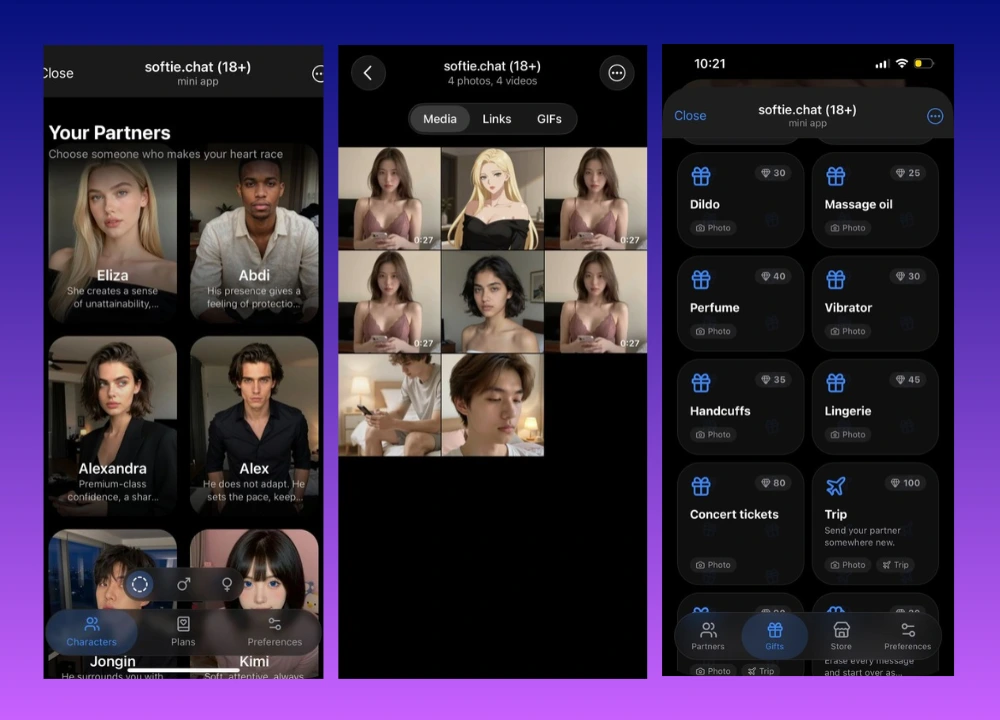 Screenshots of the Softie.chat Telegram app interface displaying available partners, a gallery grid showing 0:27-second AI video clips, and an in-app store.