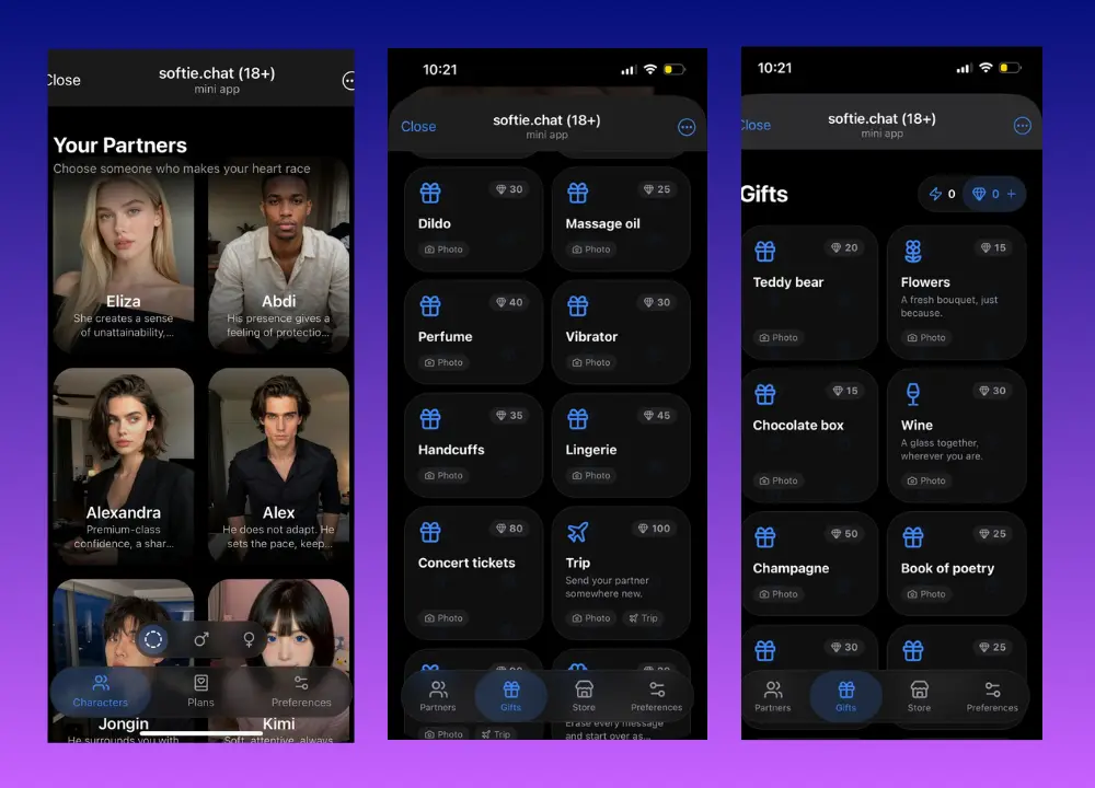 Three screenshots of the Softie.chat Telegram mini app showing character selection and gift store options with diamond prices.