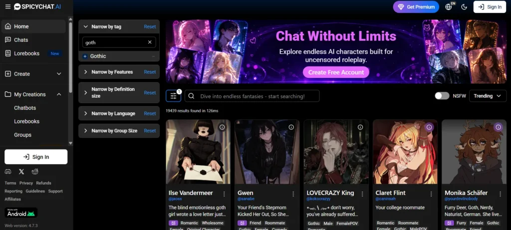 SpicyChat AI character page filtered by the Gothic tag, showing 19,439 results