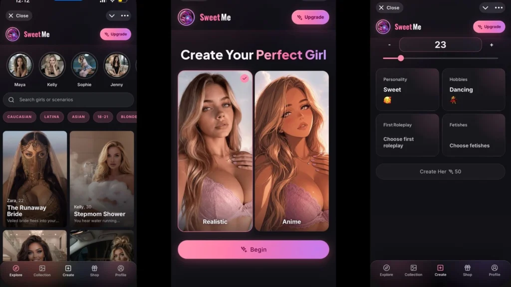 Screenshots of the Sweet Me Telegram bot interface showing character creation options, realistic and anime style choices, and personality settings