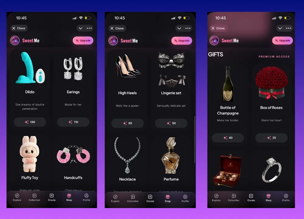 Screenshots of the Sweet Me Telegram mini app gift shop displaying items like champagne, roses, jewellery, and adult novelty gifts with credit prices.