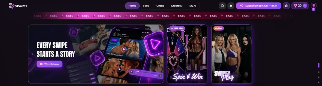 Swipey AI home page with Spin and Win wheel and Swipe Play game cards