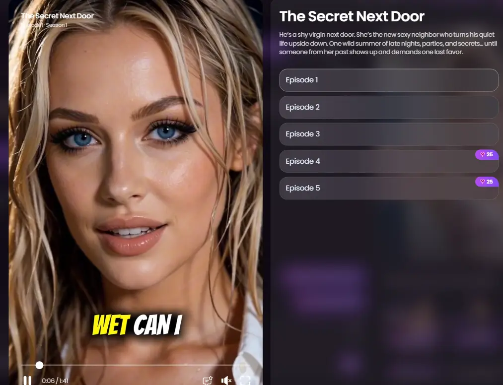 Screenshot of the Swipey AI mini-series "The Secret Next Door" interface showing episode selection and character visual.