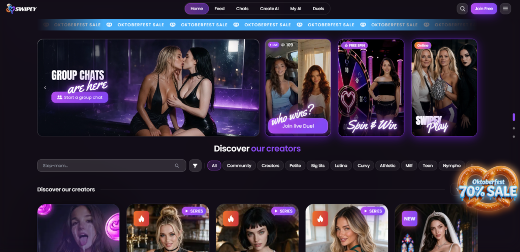 Swipey’s homepage borrows the swipe-and-match feel of a dating app.