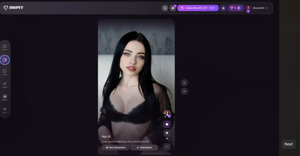Swipey AI full-screen character card with Interested and Not interested buttons, a like counter and a chat shortcut