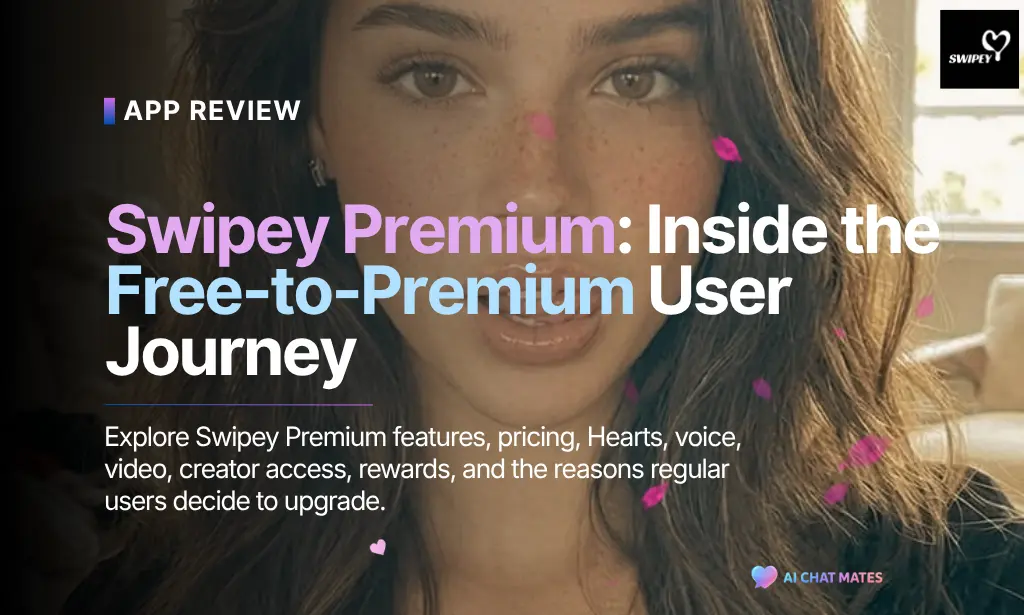Swipey Premium app review banner featuring a female AI companion avatar alongside text about the free-to-premium user journey and features.