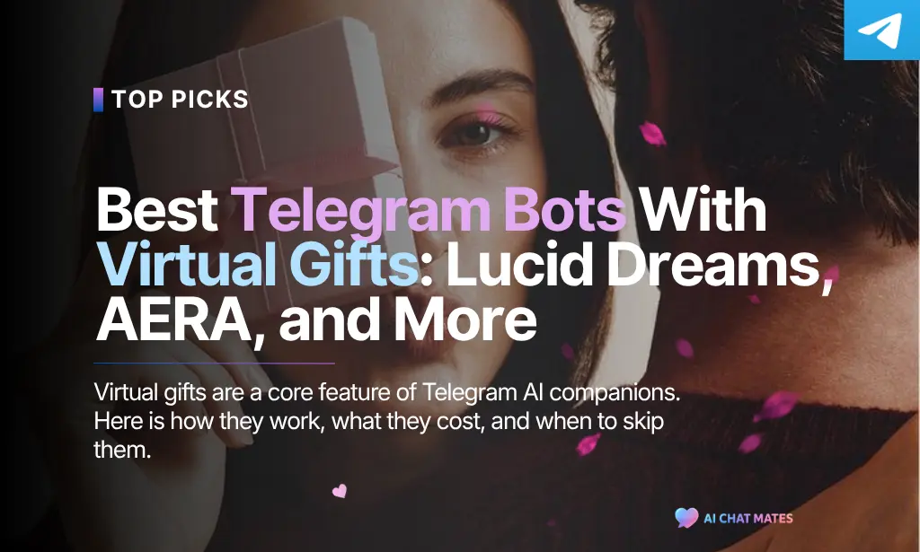Featured banner image for a blog post displaying the title "Best Telegram Bots With Virtual Gifts: Lucid Dreams, AERA, and More" in bold text on the left, accompanied by a close-up image of a woman's face on the right.