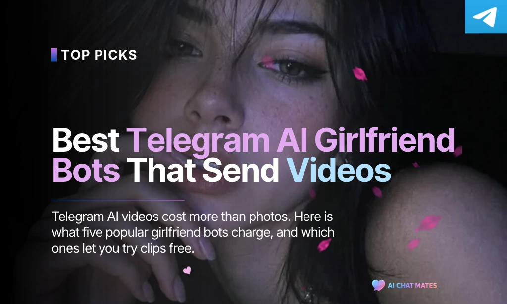 Featured image banner titled "Best Telegram AI Girlfriend Bots That Send Videos" featuring a preview image of a woman and article details.